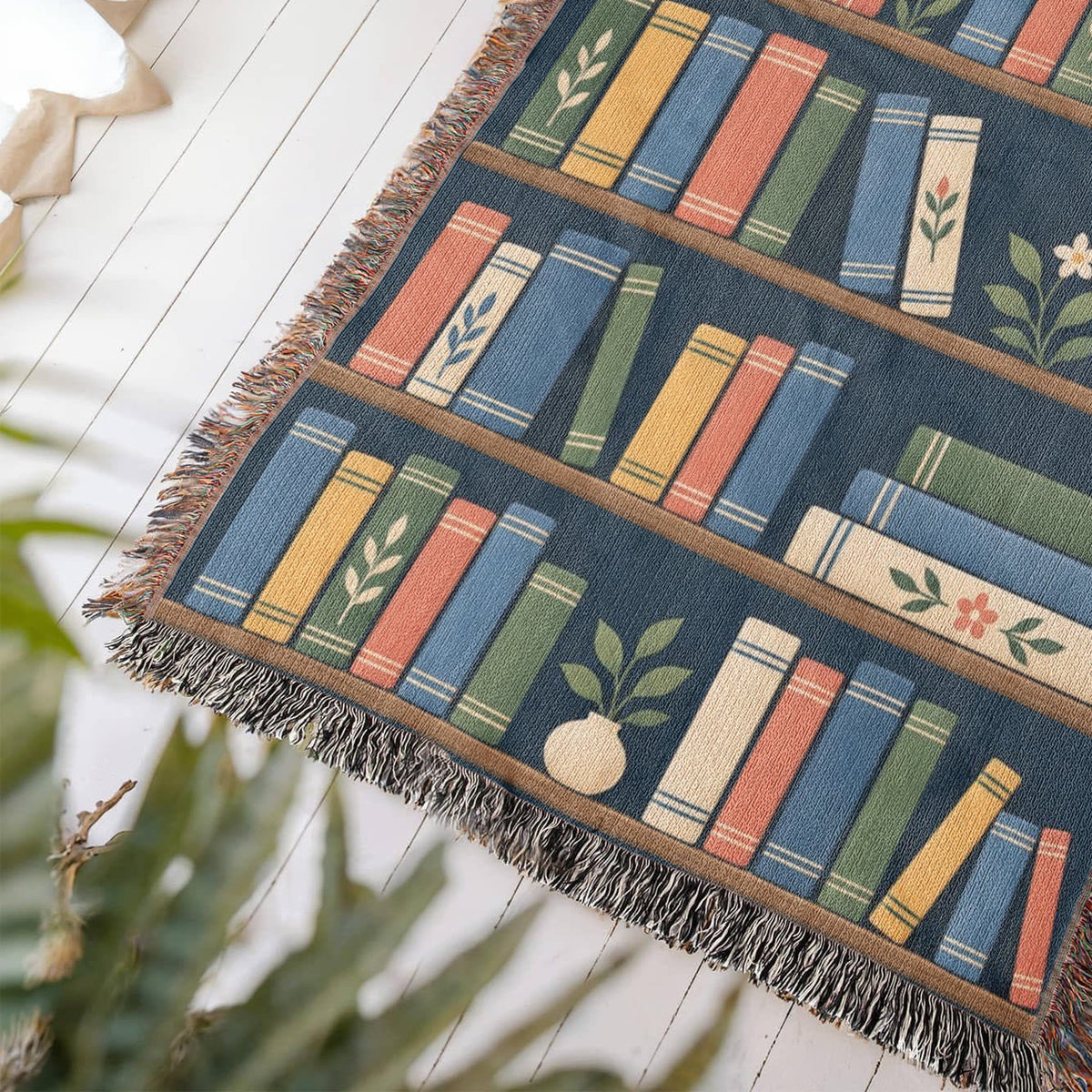 Close-up of a corner of the Book Garden woven cotton blanket lying at an angle on a white wood floor, showing the knotted fringe, woven texture and colorful book spines.