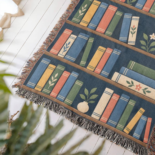 Close-up of a corner of the Book Garden woven cotton blanket lying at an angle on a white wood floor, showing the knotted fringe, woven texture and colorful book spines.