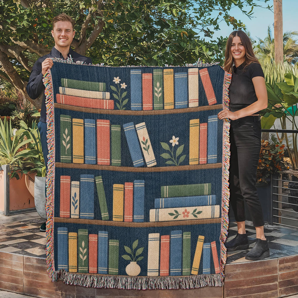 A couple holding the Book Garden woven blanket outdoors on a patio, showing shelves of colorful books with small potted plants on navy and tasseled fringe.