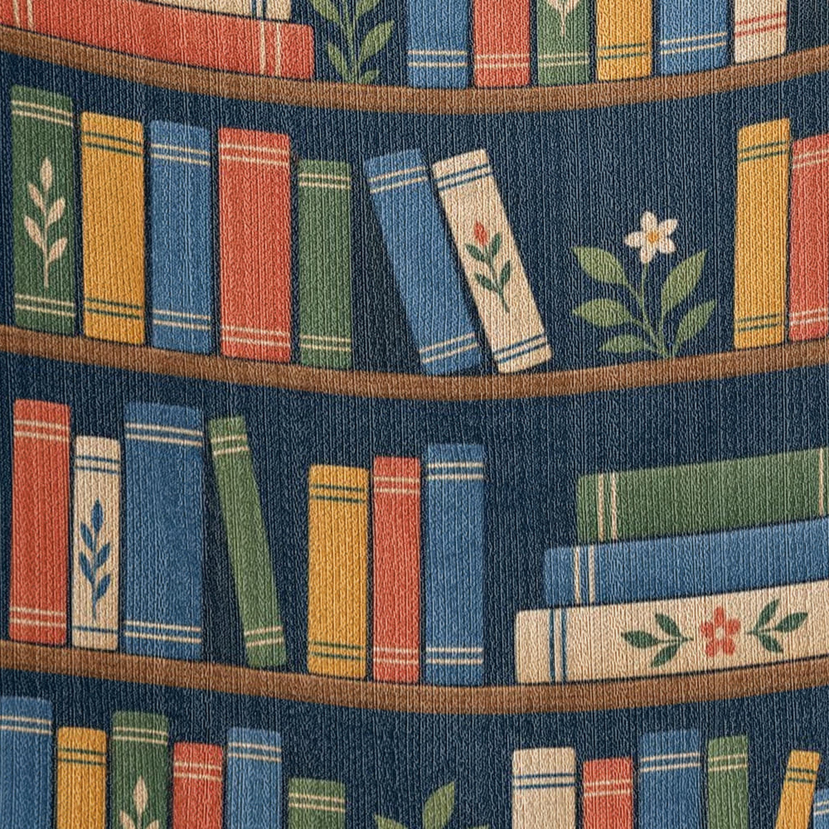 Macro close-up of the Book Garden woven cotton blanket showing the tight cotton weave across the rows of colourful book spines, small potted plants and wooden shelves.