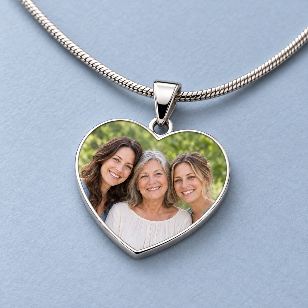 Close view of the family photo, polished silver-tone heart rim, tapered bail and snake chain