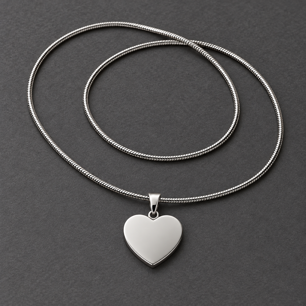Smooth polished steel back of the heart pendant with the full snake chain on a dark gray surface