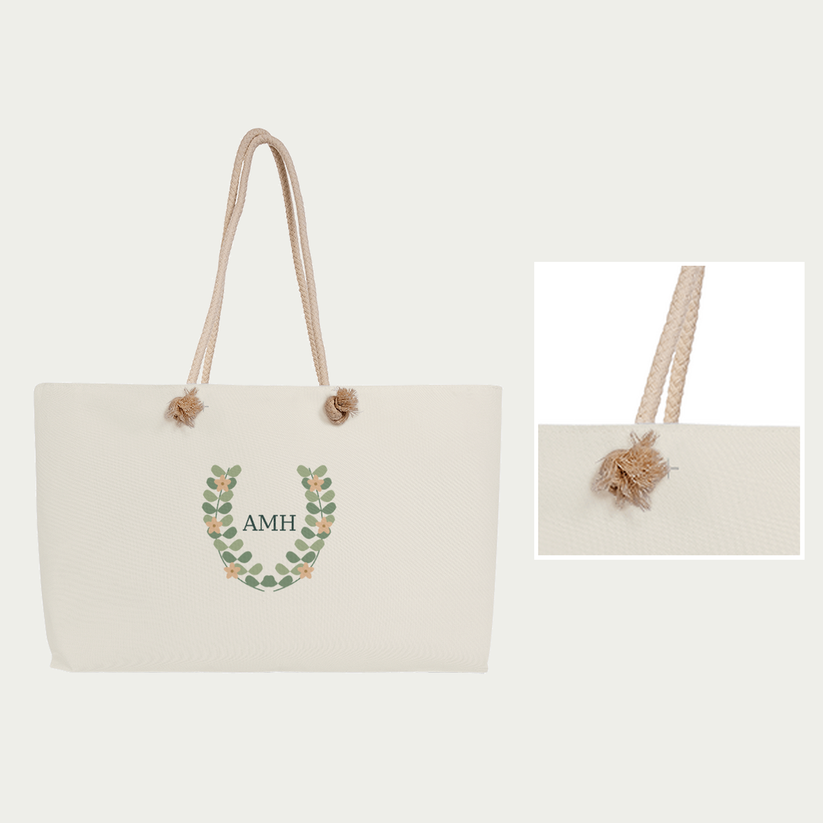 Cream rope attachment detail with the complete personalized AMH weekender for context.