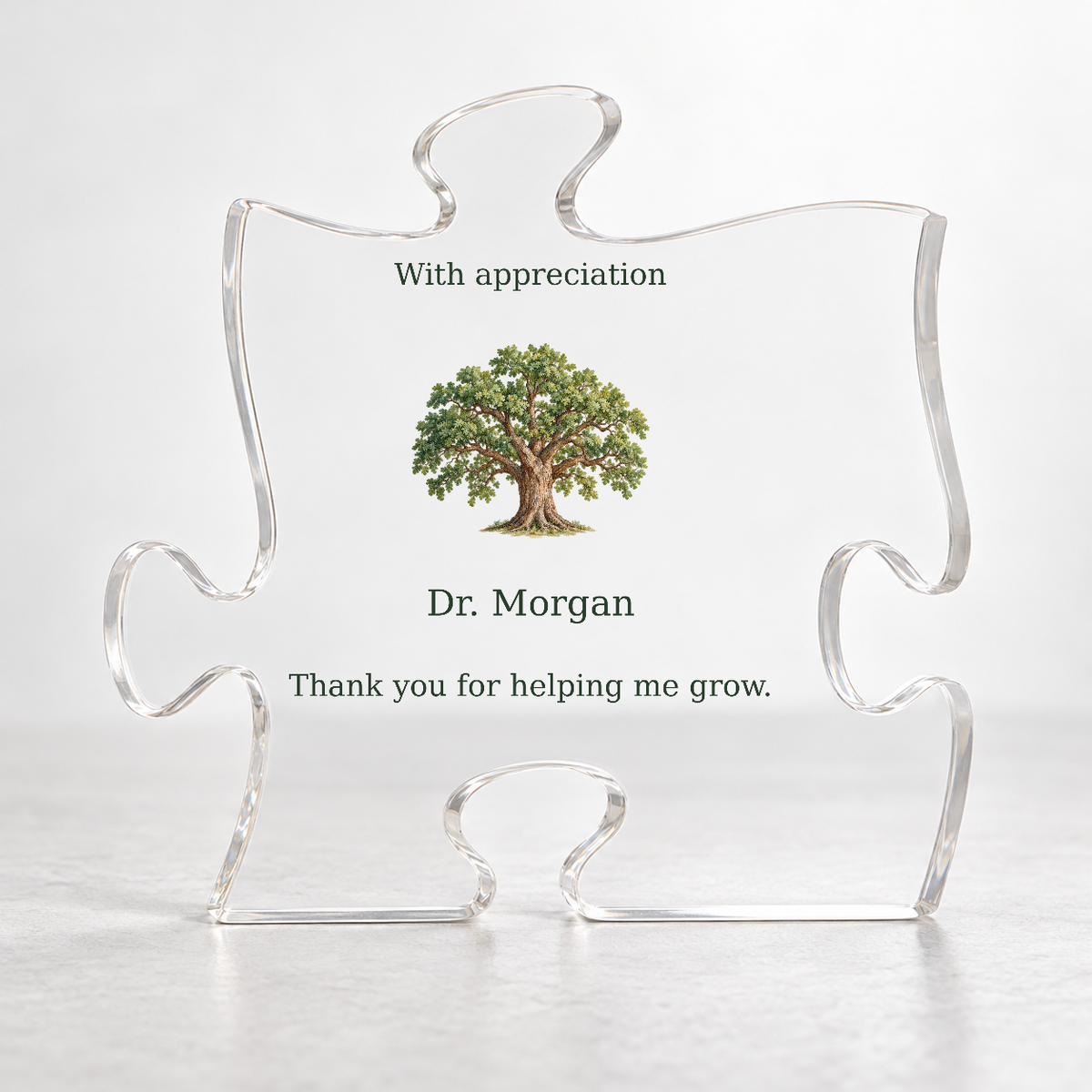Personalized mentor acrylic puzzle plaque with oak tree, Dr. Morgan and a thank-you message