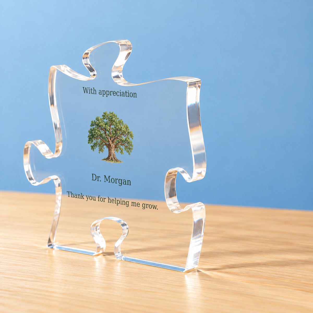 Angled acrylic mentor plaque showing the personalized name and appreciation message