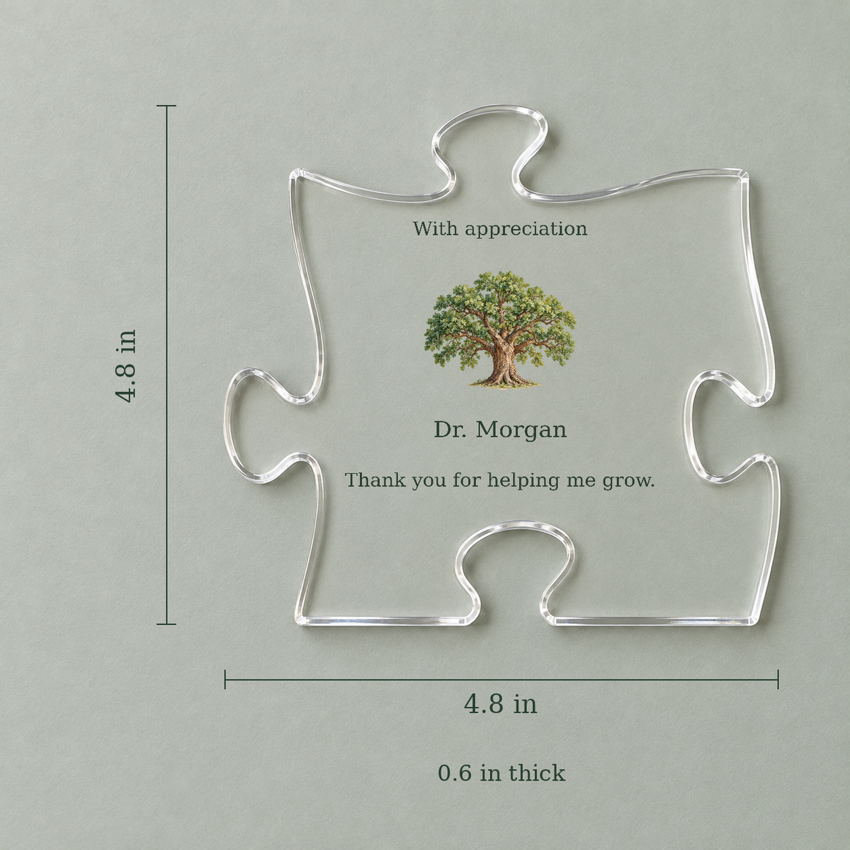Mentor oak puzzle plaque measuring 4.8 by 4.8 inches and 0.6 inches thick