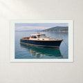 Custom boat photo canvas with sea-mist printed border, shown as a finished canvas.
