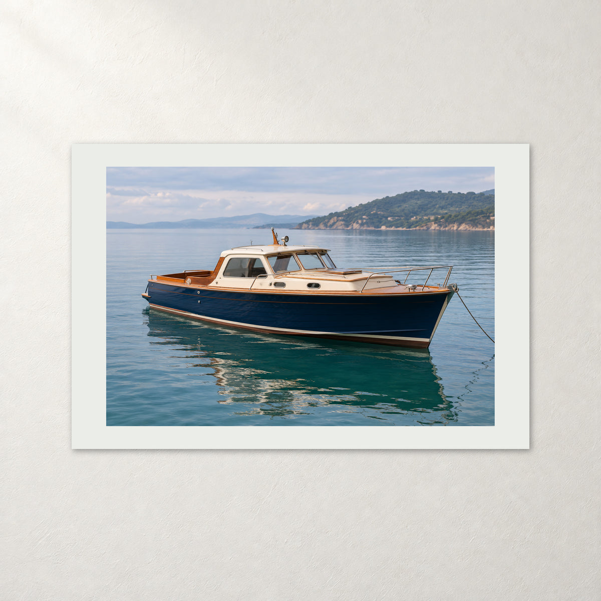 Custom boat photo canvas with sea-mist printed border, shown as a finished canvas.
