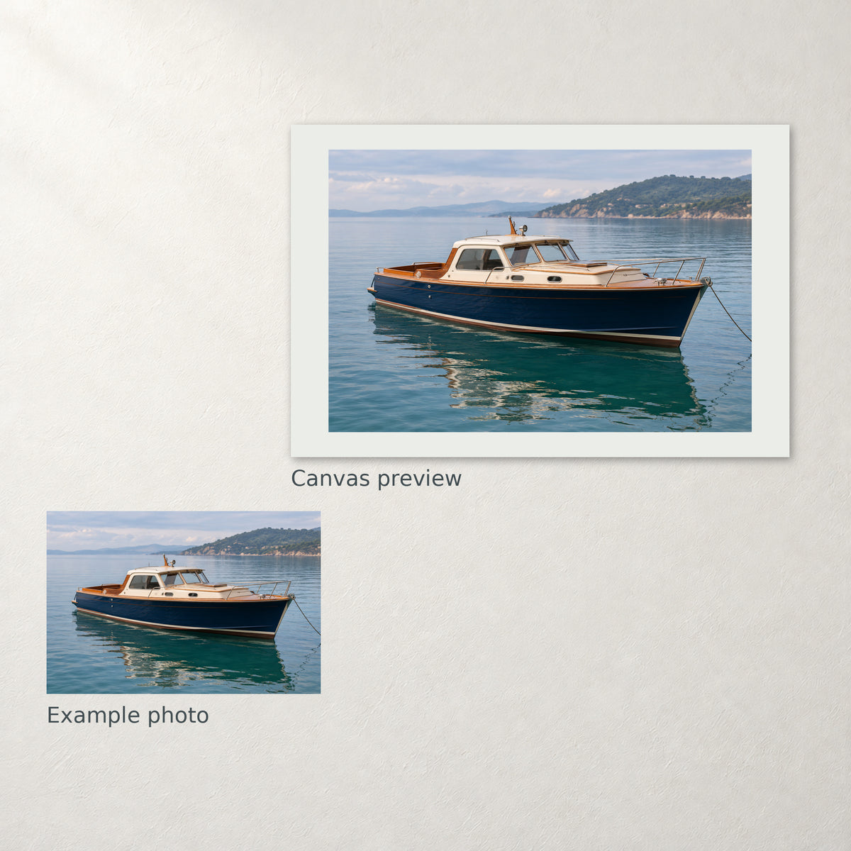 The same demonstration boat photo shown beside its complete-photo canvas layout.