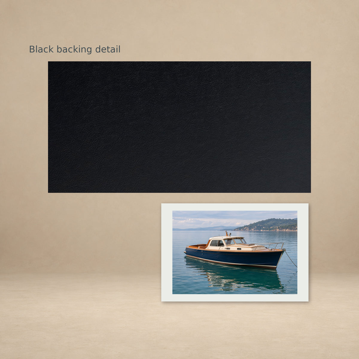 Black backing on the reverse of the boat canvas, with the complete canvas front shown for context.