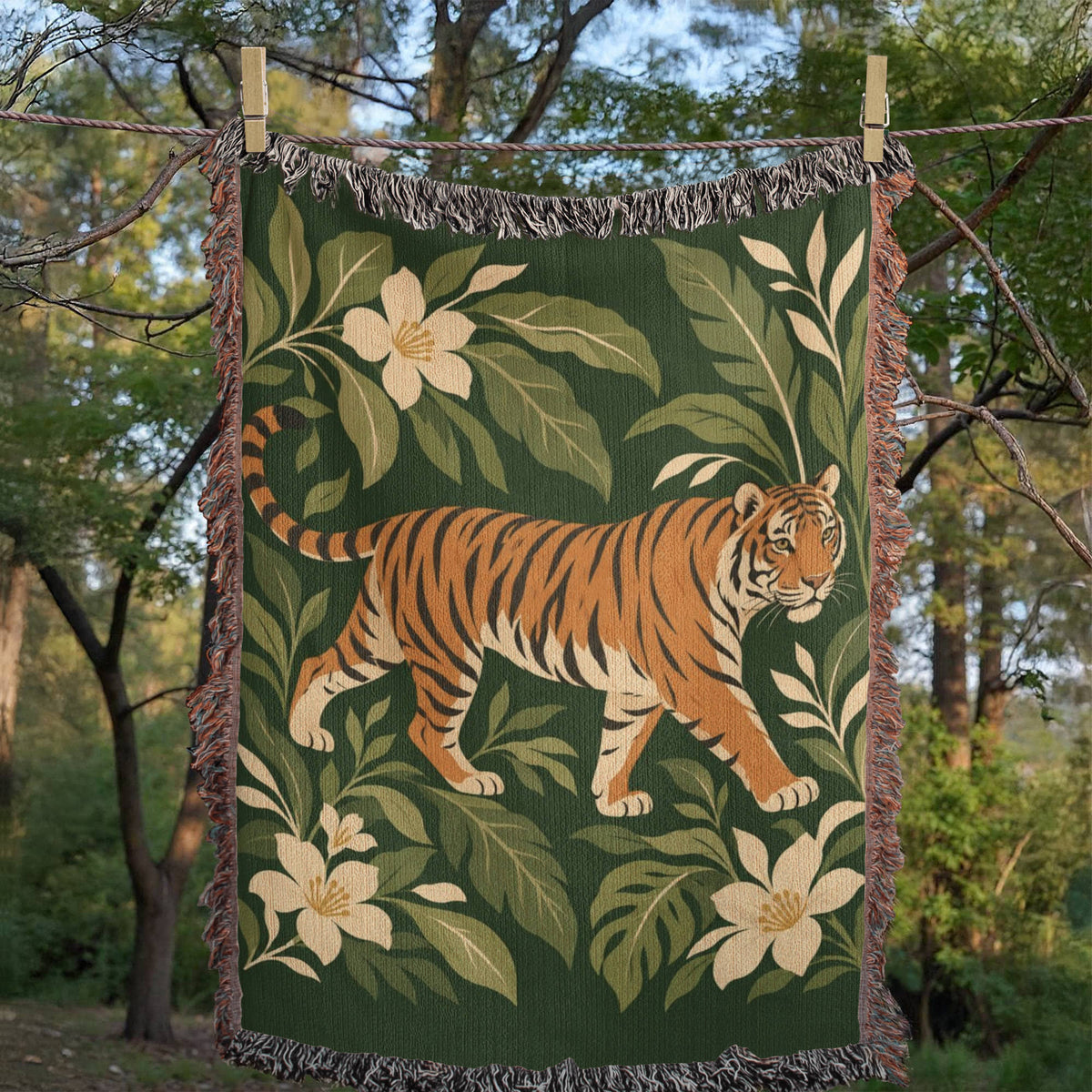 Tiger Botanical woven cotton blanket hanging from a clothesline among trees, showing the whole tiger, botanical leaves and fringed edges.