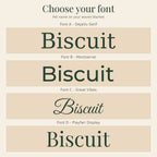 Choose your font guide for the pet portrait woven blanket: the pet name Biscuit in dark green lettering on four cream panels, labeled Font A - DejaVu Serif, Font B - Montserrat, Font C - Great Vibes and Font D - Playfair Display.