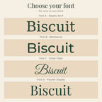 Choose your font guide for the pet portrait pillow: the pet name Biscuit in dark green lettering on four cream panels, labeled Font A - DejaVu Serif, Font B - Montserrat, Font C - Great Vibes and Font D - Playfair Display.