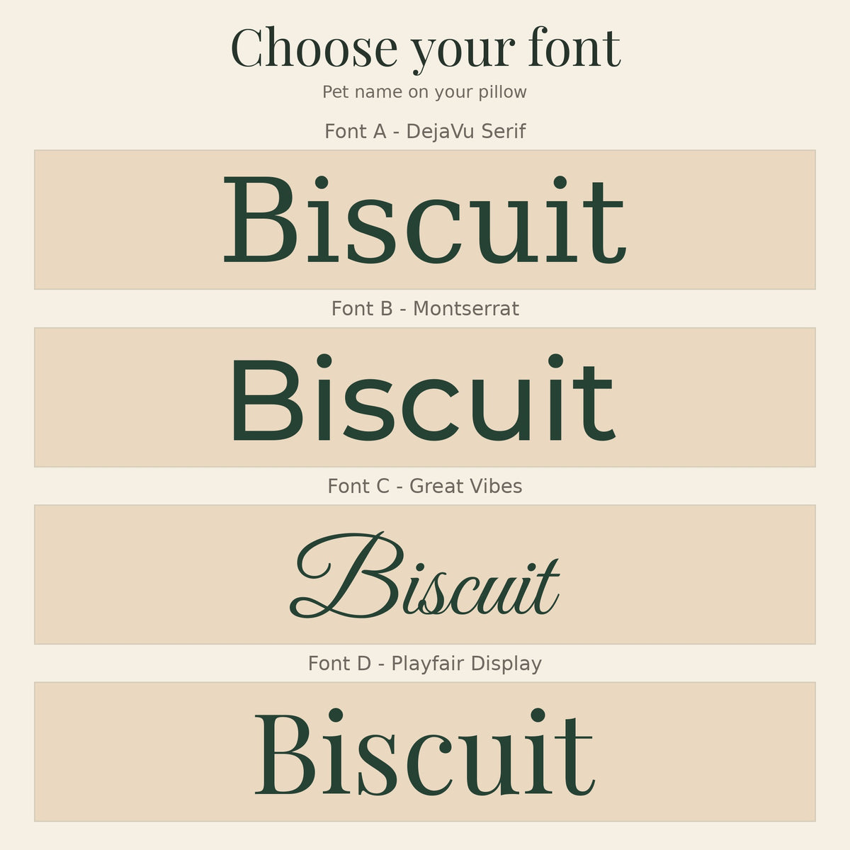 Choose your font guide for the pet portrait pillow: the pet name Biscuit in dark green lettering on four cream panels, labeled Font A - DejaVu Serif, Font B - Montserrat, Font C - Great Vibes and Font D - Playfair Display.