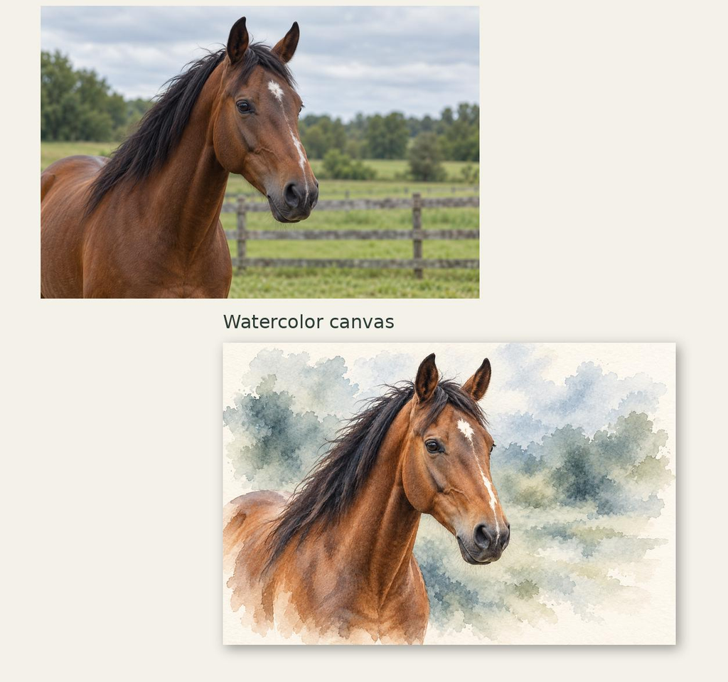 Original photo of a bay horse in a field above the same horse as a watercolor-style canvas.