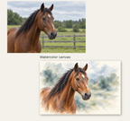 Original photo of a bay horse in a field above the same horse as a watercolor-style canvas.