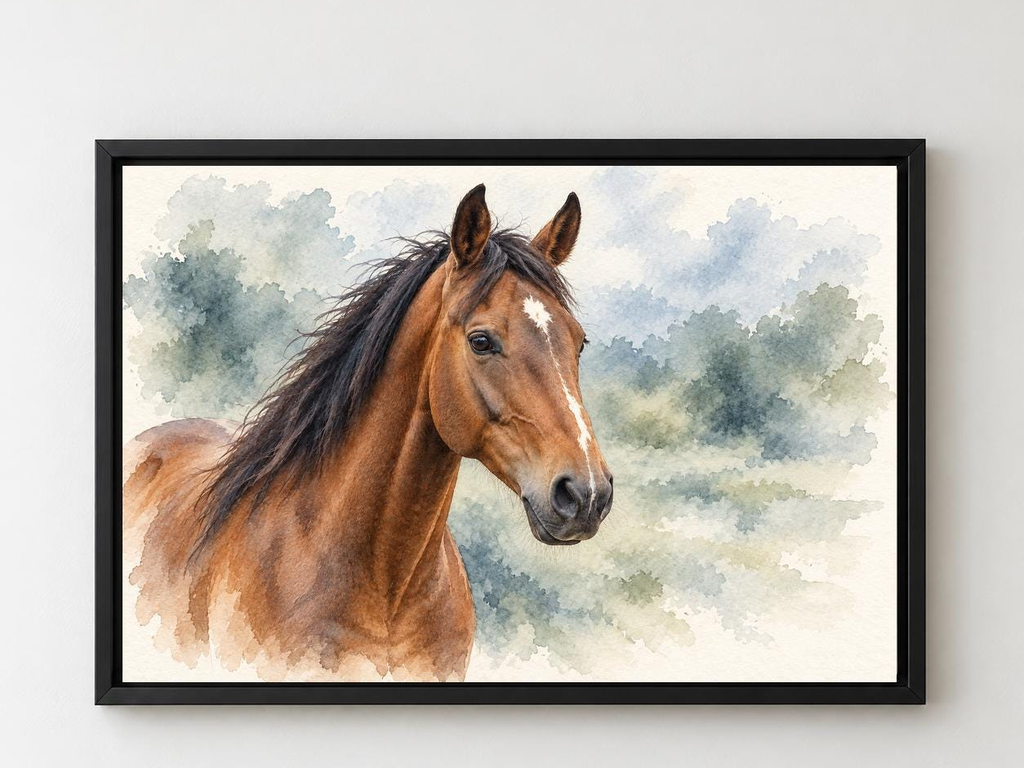 Watercolor-style bay horse canvas shown in a black frame on a light wall.