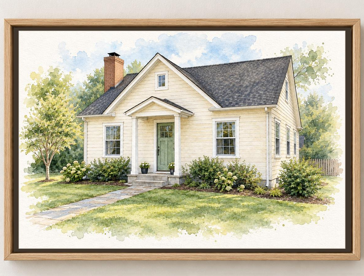 Watercolor-style portrait of a cream house with a green door and garden, printed on canvas and shown in a wood floater frame on a light wall.