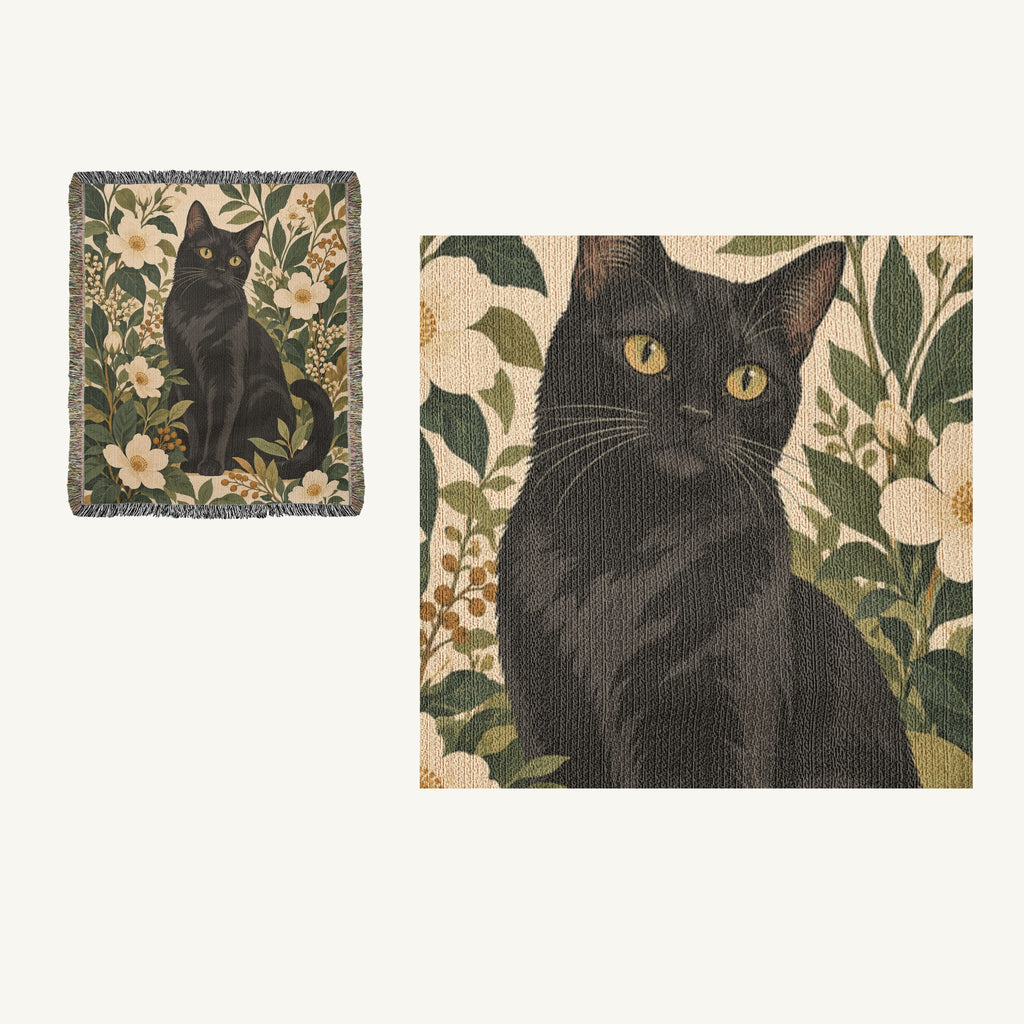 Black Cat Botanical blanket with complete product context and close view of golden eyes and woven detail