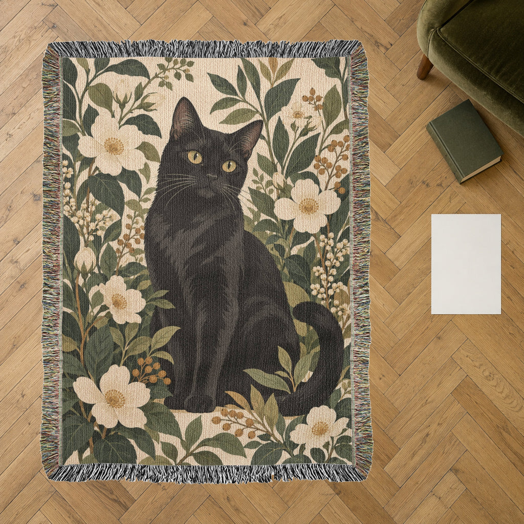Complete 37 × 52 inch Black Cat Botanical throw in an oak reading-room setting