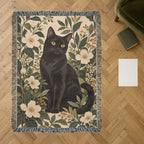 Complete 37 × 52 inch Black Cat Botanical throw in an oak reading-room setting