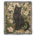 Black Cat Botanical woven cotton throw blanket, complete 50 × 60 inch design and fringed edges