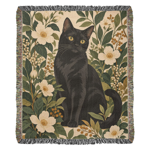 Black Cat Botanical woven cotton throw blanket, complete 50 × 60 inch design and fringed edges