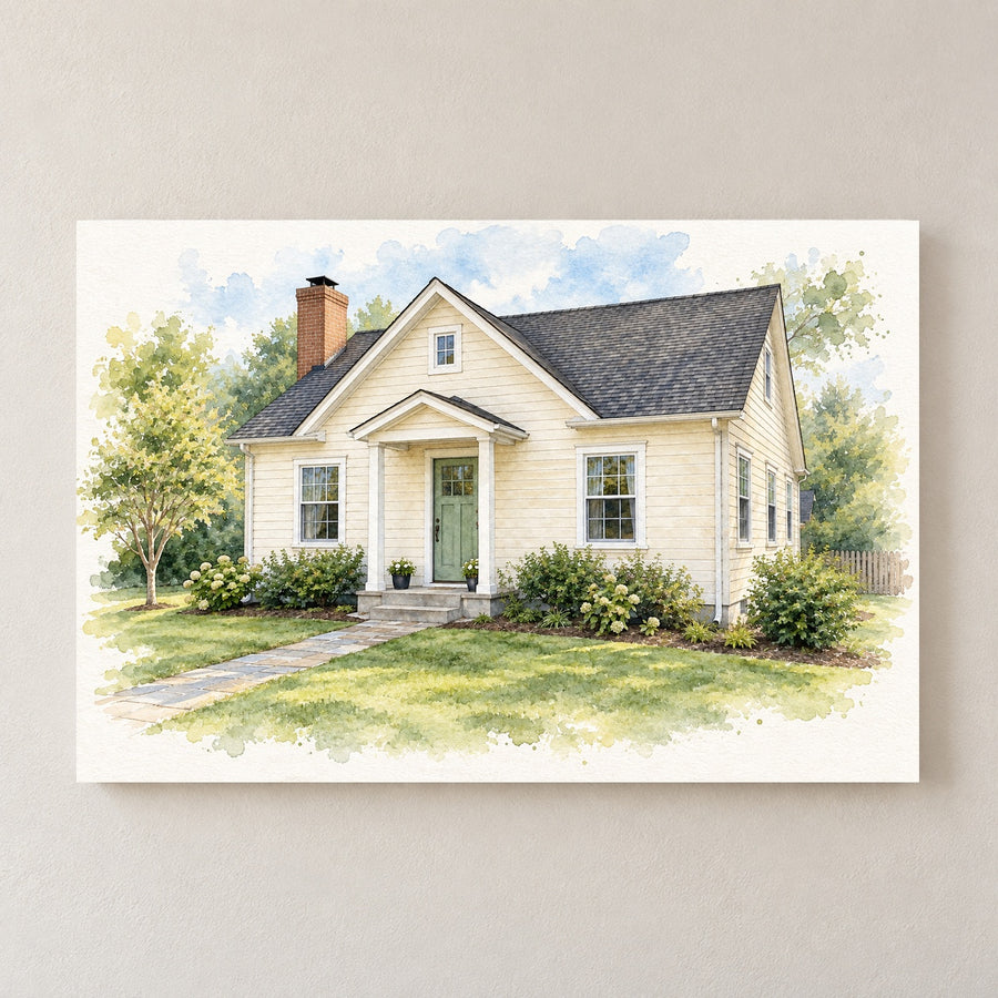 Unframed watercolor-style house portrait canvas, 12 by 8 inch landscape