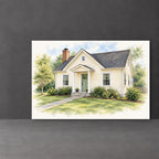 Unframed landscape house portrait canvas preview on a neutral tabletop