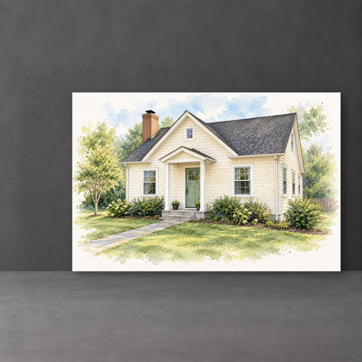 Unframed landscape house portrait canvas preview on a neutral tabletop