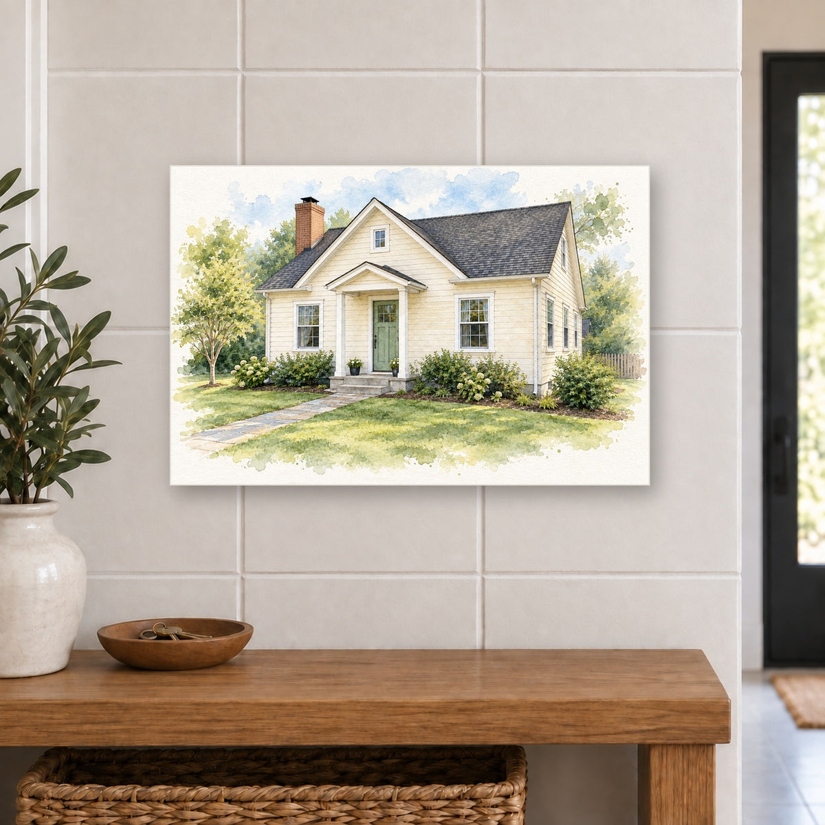 12 by 8 inch house portrait canvas displayed above a console