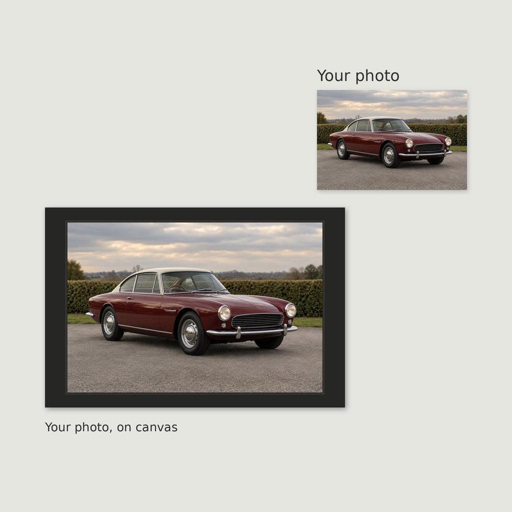 One original car photograph beside its complete photo-preserving canvas layout with a charcoal printed border.