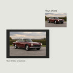 One original car photograph beside its complete photo-preserving canvas layout with a charcoal printed border.