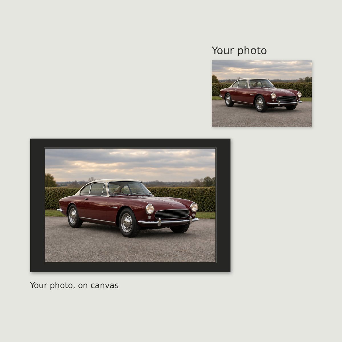 One original car photograph beside its complete photo-preserving canvas layout with a charcoal printed border.