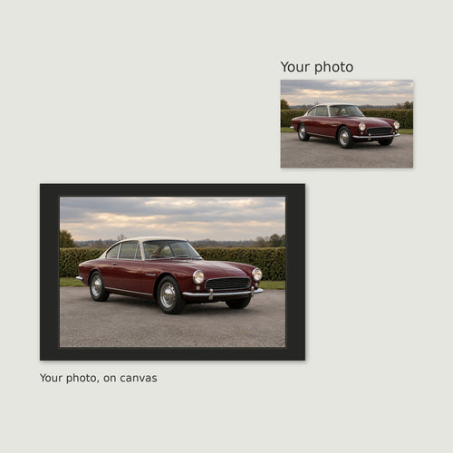 One original car photograph beside its complete photo-preserving canvas layout with a charcoal printed border.