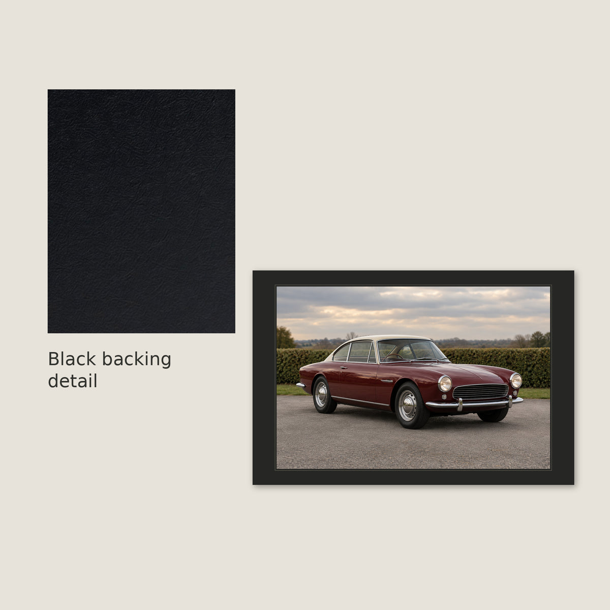 Authentic black canvas backing detail beside a complete front view of the classic car canvas.