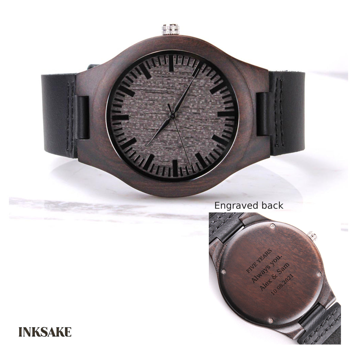 Personalized fifth-anniversary wooden watch with engraved caseback