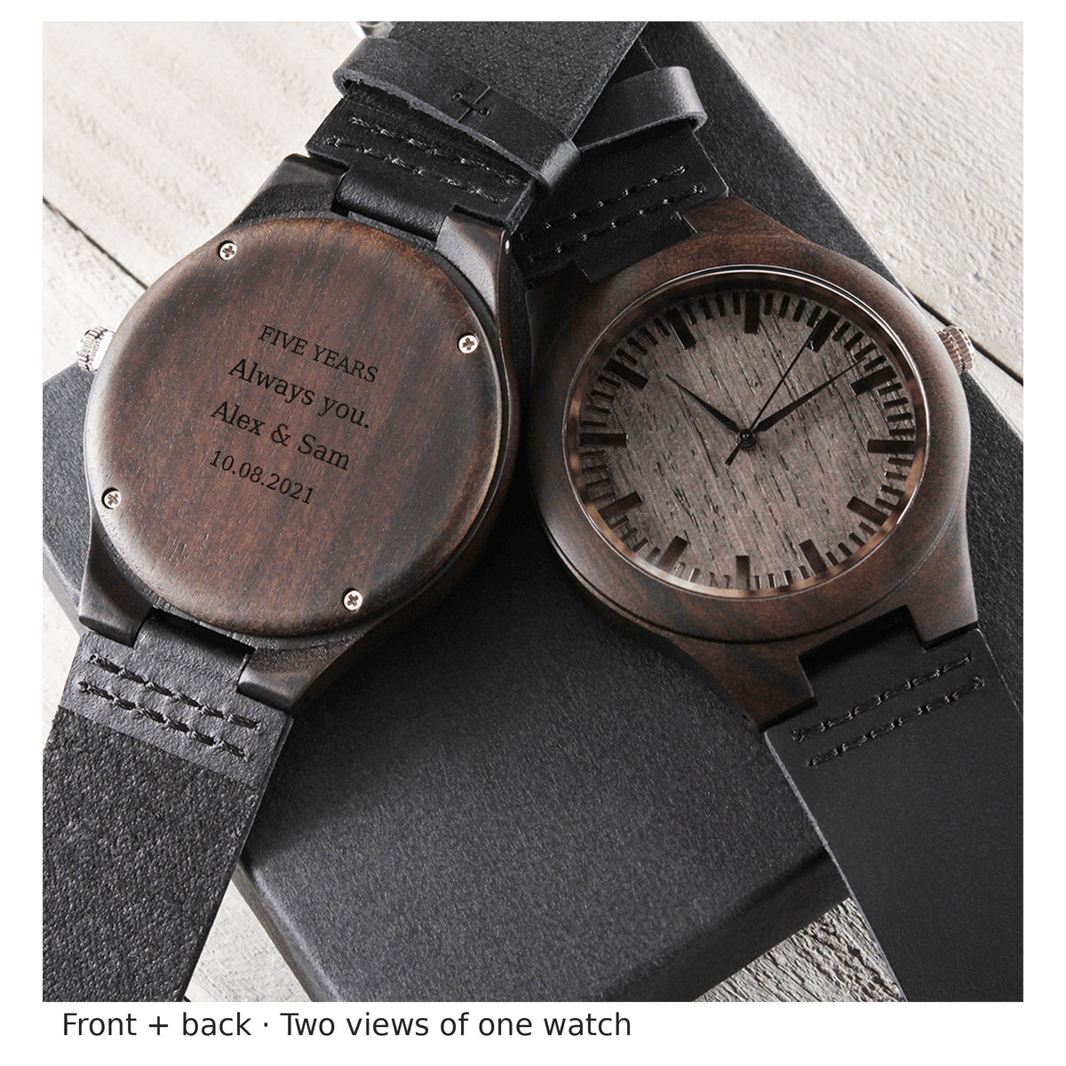 Front and personalized back shown as two views of one wooden watch