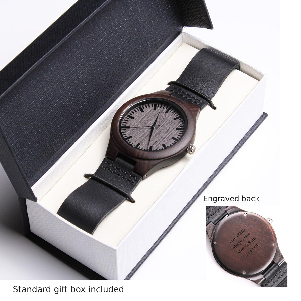 Wooden anniversary watch with the included standard gift box