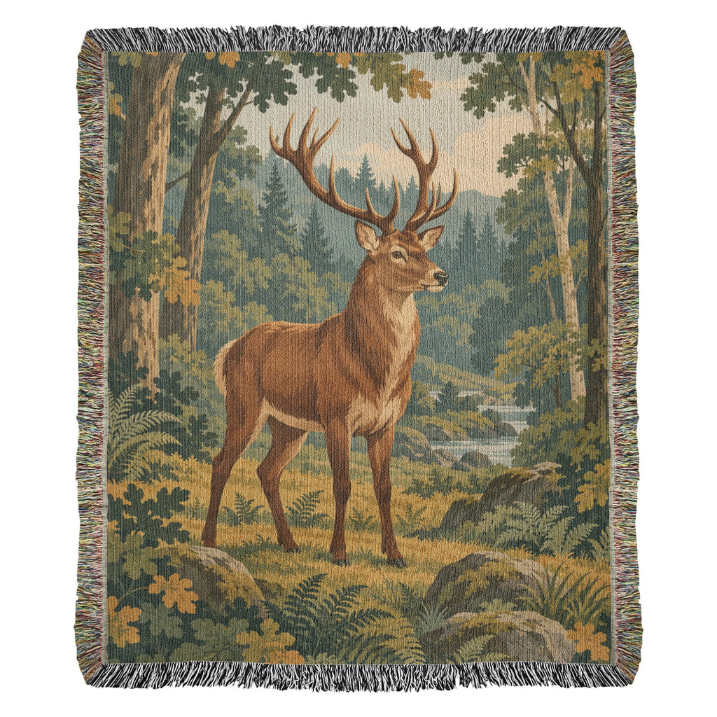 Forest Stag woven cotton throw blanket, complete woodland artwork and fringed edges
