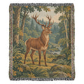 Forest Stag woven cotton throw blanket, complete woodland artwork and fringed edges