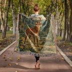 Woman seen from behind on a leafy garden path holding the Forest Stag woven cotton blanket open, showing the whole stag and forest design and fringe.