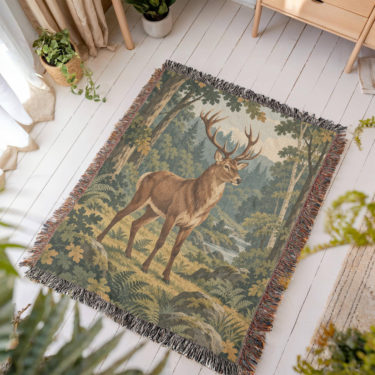 Forest Stag woven throw shown in an overhead room setting