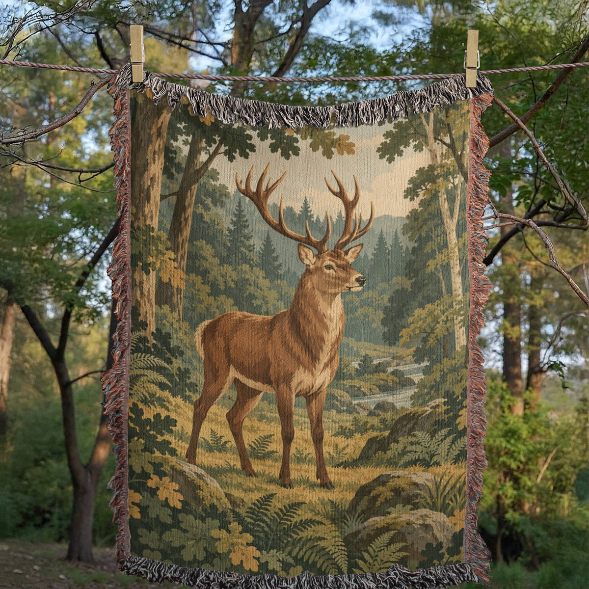 Forest Stag woven cotton blanket hung on an outdoor line among trees, the whole antlered stag and forest design in view with fringed edges.