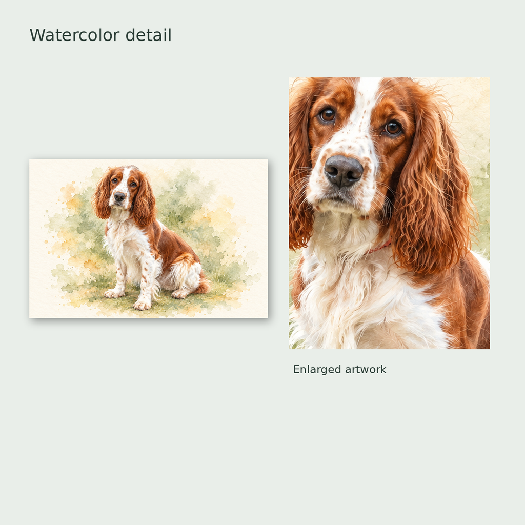 One complete pet portrait canvas beside an enlarged crop of the same exact watercolor artwork; artwork detail, not a physical material close-up.