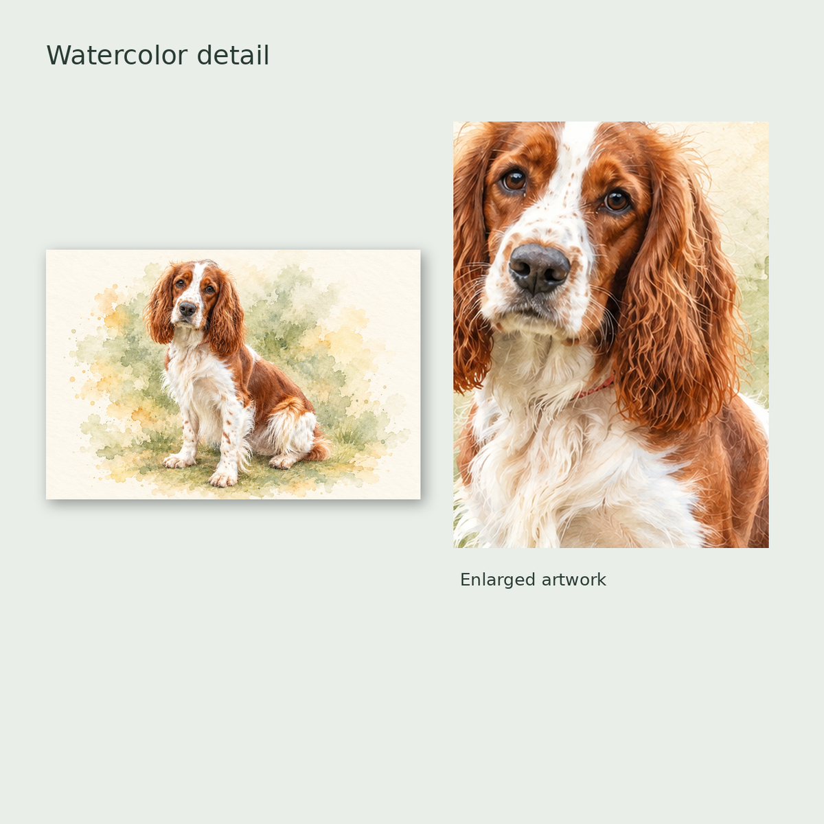 One complete pet portrait canvas beside an enlarged crop of the same exact watercolor artwork; artwork detail, not a physical material close-up.
