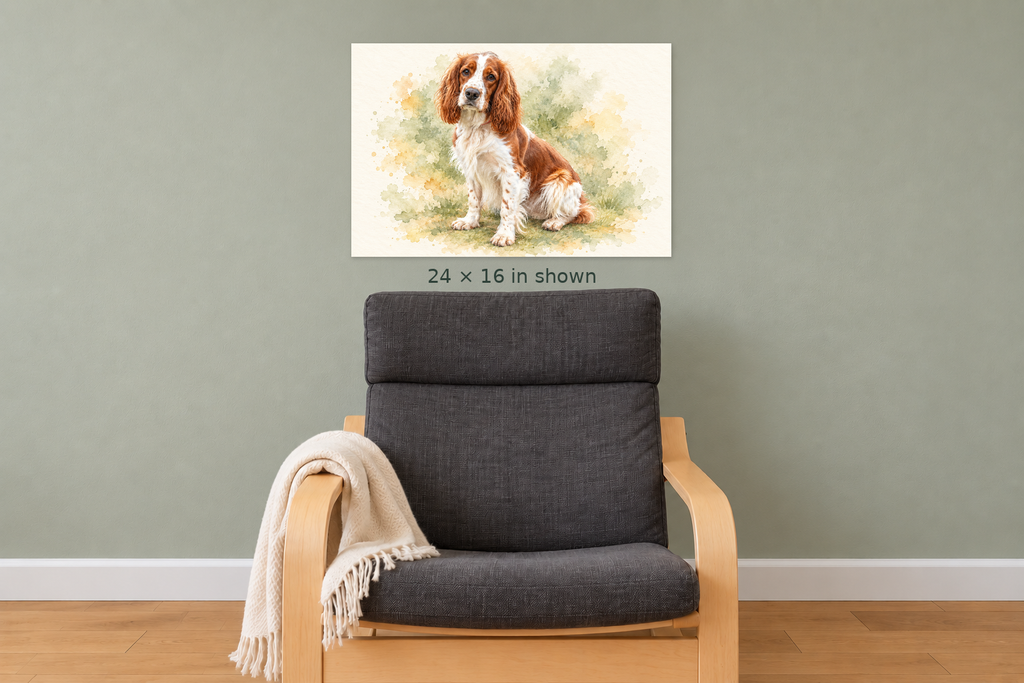 One 24 by 16 inch unframed pet portrait canvas in a softly lit room beside a chair.