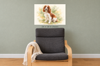 One 24 by 16 inch unframed pet portrait canvas in a softly lit room beside a chair.