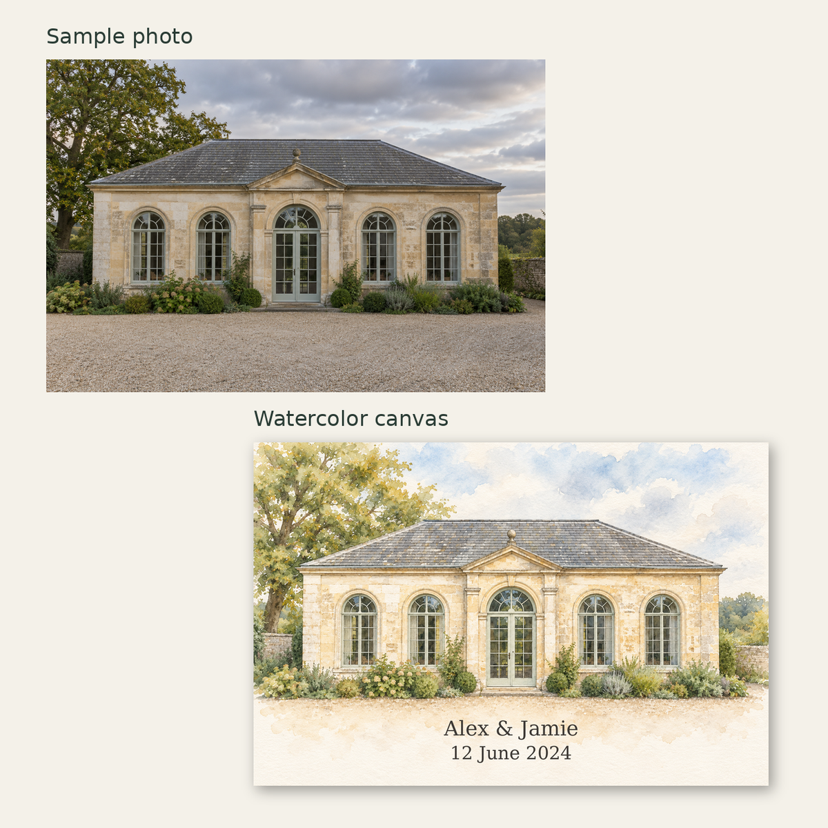 Original venue photograph beside its watercolor canvas portrait, showing the names Alex and Jamie and their wedding date.