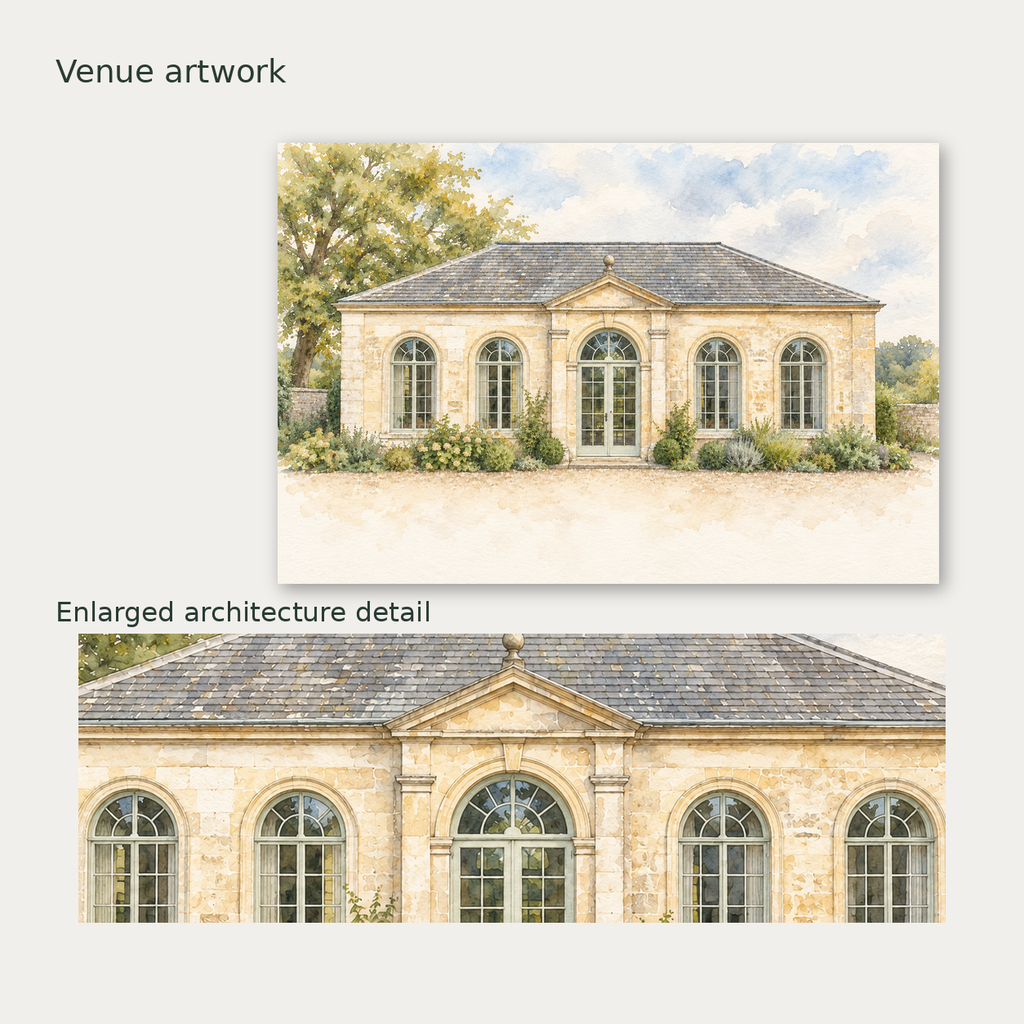 One full wedding venue canvas above an enlarged crop of the same architectural watercolor artwork.